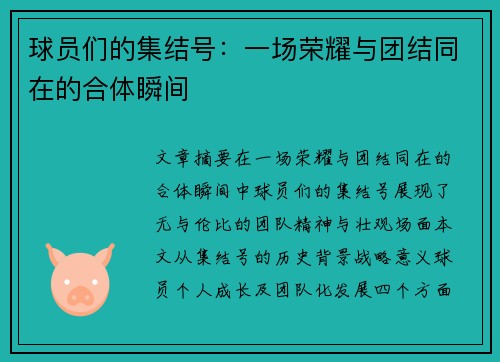 球员们的集结号：一场荣耀与团结同在的合体瞬间