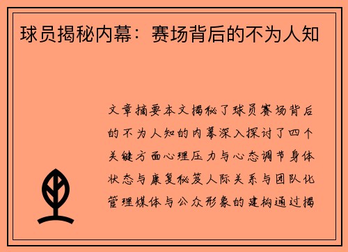 球员揭秘内幕：赛场背后的不为人知